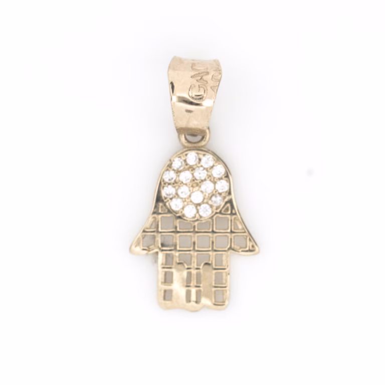 dije mano de fátima diamantada oro 10k Clic oro